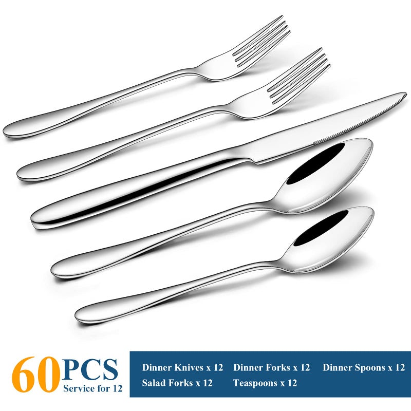 Wildone 60-Piece Silverware Set, Wildone Stainless Steel Flatware Set Service for 12, Tableware Cutlery Set for Home Kitchen Hotel Restaurant, Mirror Polished, Dishwasher Safe - Image 2